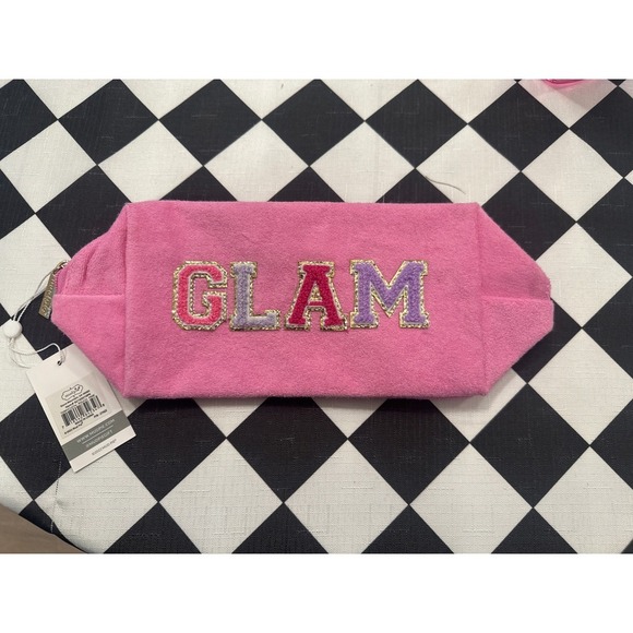 Mud Pie Handbags - Mud Pie Pink Terry Cloth Cosmetic Bag Pouch GLAM Embroidered Makeup Organizer